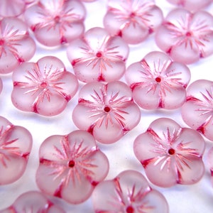 15 Flower beads, Czech glass flower beads pink half translucent, 15mm