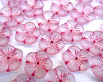 15 Flower beads, Czech glass flower beads pink half translucent, 15mm