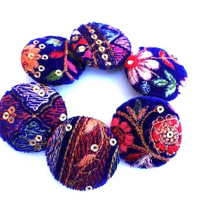 6 Buttons, fabric covered button handmade button 38mm/3.8cm, colorful vivid embroidered lace on blue velvet fabric