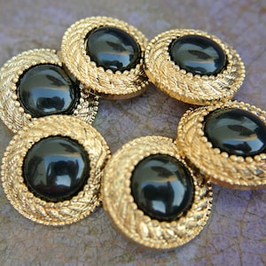 6 Vintage buttons plastic gold color with black center-select size and quantitiy