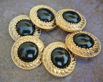 6 Vintage buttons plastic gold color with black center-select size and quantitiy