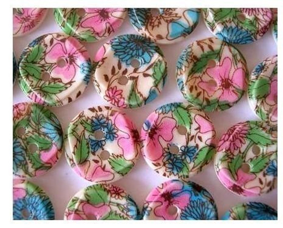 10 Vintage Plastic Buttons White With Colorful Floral Etsy