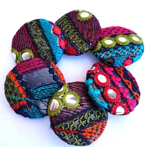 6 Handmade Fabric Buttons: Embroidered Lace on Black (38mm)