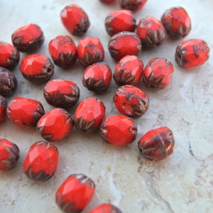 20 Vintage glass beads unique shape red with ornament 8mmx6mm