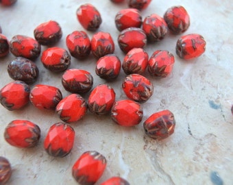20 Vintage glass beads unique shape red with ornament 8mmx6mm