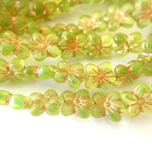 6 Flower beads, Czech glass flower beads light green with gold 13mmx12mm