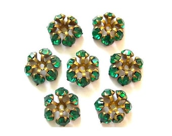 2 SWAROVSKI beads, vintage,  flower shape brass setting with 6 green crystals