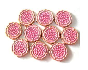 10 Vintage pink flowers enamel metal cabochon gold color base 7mmX8mm green red