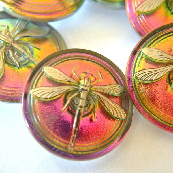 Dragonfly button, Czech glass button 32mm, Bohemian handmade, hand painted button in unique shades