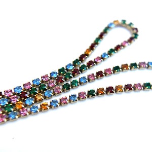 Vintage Swarovski łańcuszek z kryształkami: oprawa mosiężna, różne kolory, 18 cali