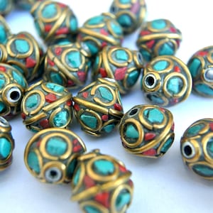 Nepale beads, vintage tibetian beads,  brass, coral turquoise inlay 13mmx12mm, 6pcs
