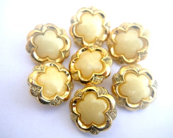 6 Vintage buttons gold color plastic flowers ivory center -select size and quantity