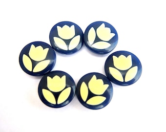 6 Vintage buttons blue color with cream shade flower trim buttons-select size