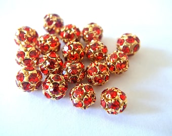 6pcs Vintage Swarovski beads, red crystals in gold plated setting, ball shape 10mm RARE