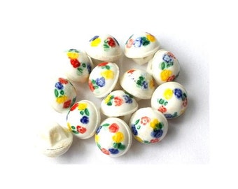 6 Antique vintage glass buttons, colorful flowers on white milk 8mm RARE