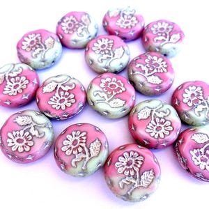 2 pcs Beads, 18mm round glass beads with flower trim,  Czech artisian beads, silver color flower on pink and gray