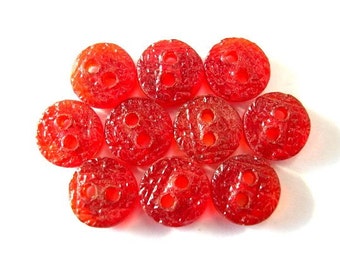 10 Buttons, glass, antique vintage, orange red color, translucent, 10mm