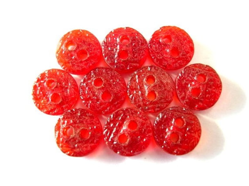 10 Buttons, glass, antique vintage, orange red color, translucent, 10mm image 1