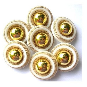 6 Vintage buttons white plastic with gold trim center ,retro -select size