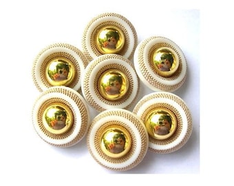 60 boutons vintage en plastique blanc avec centre doré, rétro 25mm /Se49