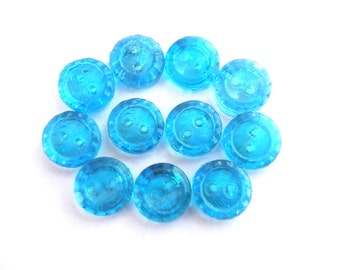 10 Buttons, glass, antique vintage, blue, translucent, 10mm