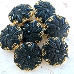 6 Vintage buttons plastic black with  gold color ornament -choose size
