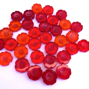6 Flowers glass beads, hibiscus, Hawaiian flowers  14mm, Czech flower artisian beads mix shades of red prange high quality