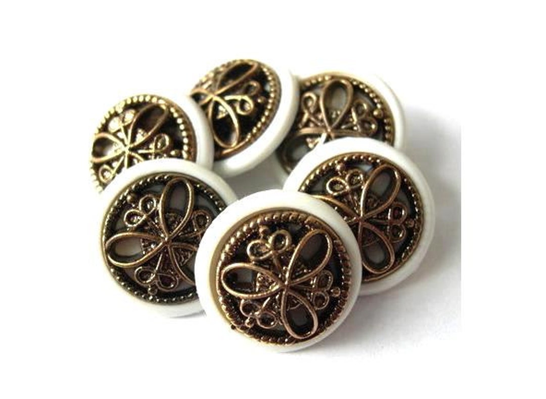7 Vintage Buttons, White Plastic With Trim in the Center, Shank Buttons ...