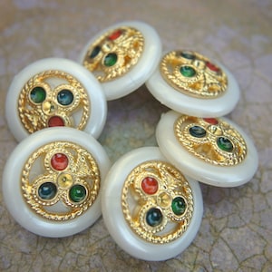 6 Vintage buttons, white with gold color leaf shape, colorful trims-pick up size
