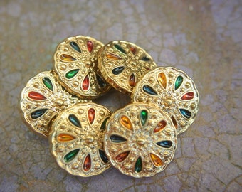 60 Vintage buttons plastic buttons gold color with assorted colors pattern 18mm /Sa65