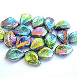 12 Czech glass beads, leaf shape,  leaves 15mmx10mm, purple, orange, assorted colors