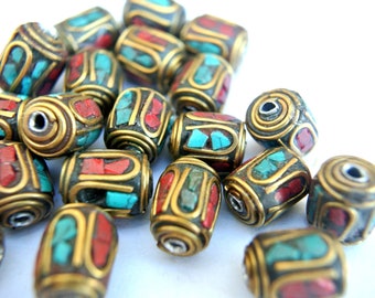 Vintage Nepal beads brass with coral and turquoise 12mmx10mm, 6pcs