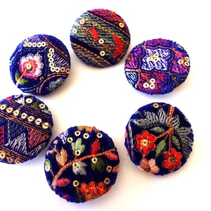 6 Buttons, fabric covered button handmade button 38mm/3.8cm, colorful vivid embroidered lace on blue velvet fabric