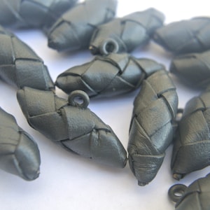6 Vintage Gray Leather Buttons: Antique Metal Shank (32mm)