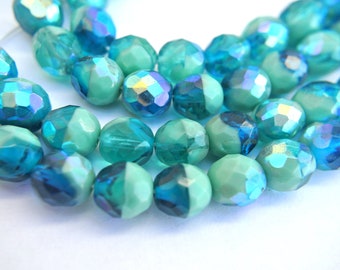 10 Vintage Czech Glass Beads: Unique Two-Tone Blue, 9mm