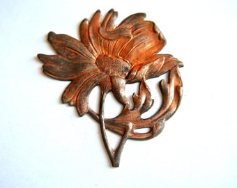 VINTAGE metal stamping flower copper  metal findings, RARE, 52mm heightx46mm