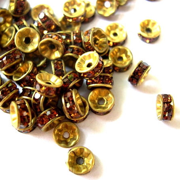 10 Vintage Swarovski rondelle beads amber color crystals rhinestone on brass metal 5mm spacer beads