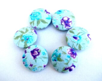 6 Handmade Floral Fabric Buttons: Retro Cotton Covered Buttons (32mm)