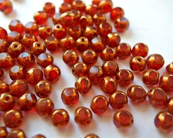 20 Beads, glass, 5mm, translucent glass in red color with gold ornment, Czech beads