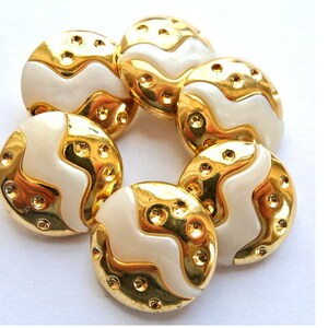 6 Vintage buttons white plastic with gold trim center, retro -choose size