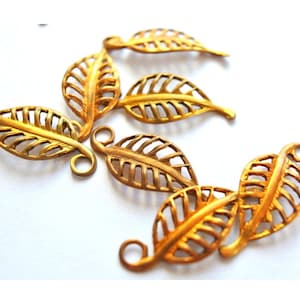 6 Vintage metal beads leaf shape dangling beads 24mm X10mm