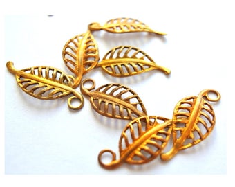 6 Vintage metal beads leaf shape dangling beads 24mm X10mm