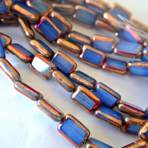 12 Czech glass beads, rectangle blue with copper 12mmx8mm glass Czech beads