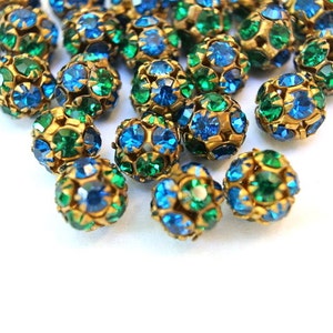 6pcs Vintage Swarovski beads, blue and green crystals in brass setting creating ball shape 10mm RARE