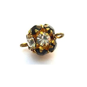 6pcs Vintage Swarovski Crystal Connector Beads: Black & Clear Rhinestones, Brass Setting (11mm)