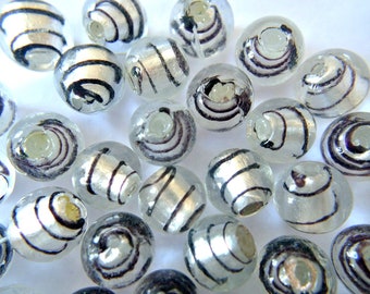 Beads, 6 glass silver with black, handmade, 13mm, glass foiled beads