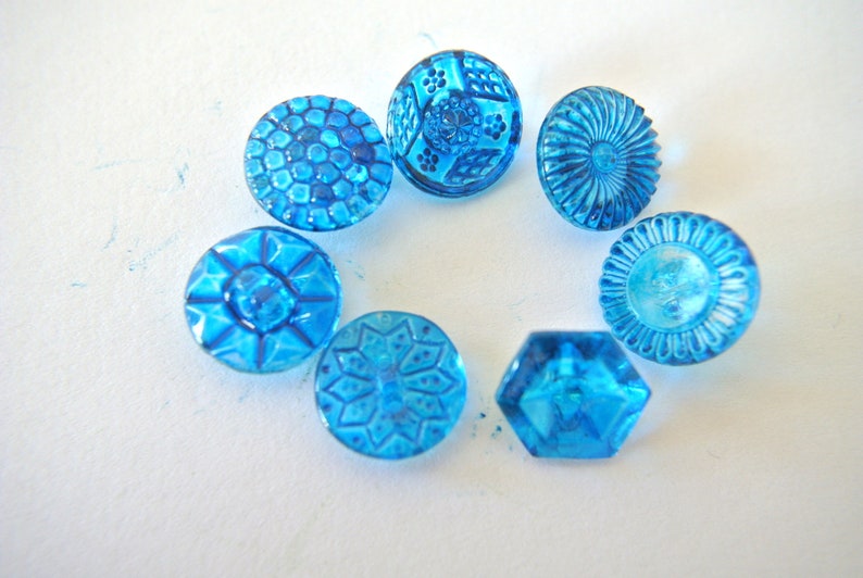 7 Vintage glass buttons, hand painted in blue shade 14mm, 7 designs, Czech image 3