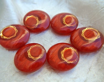 6 Buttons flowers, vintage red buttons with inside gold color flower 15mm