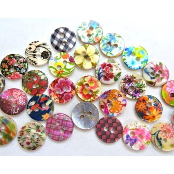 29 Shell buttons colorful ornament unique designs 11.5mm, GREAT for button jewelry