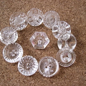 12 Vintage glass buttons, beads, transparent clear glass, assorted shapes and ornaments, image 1